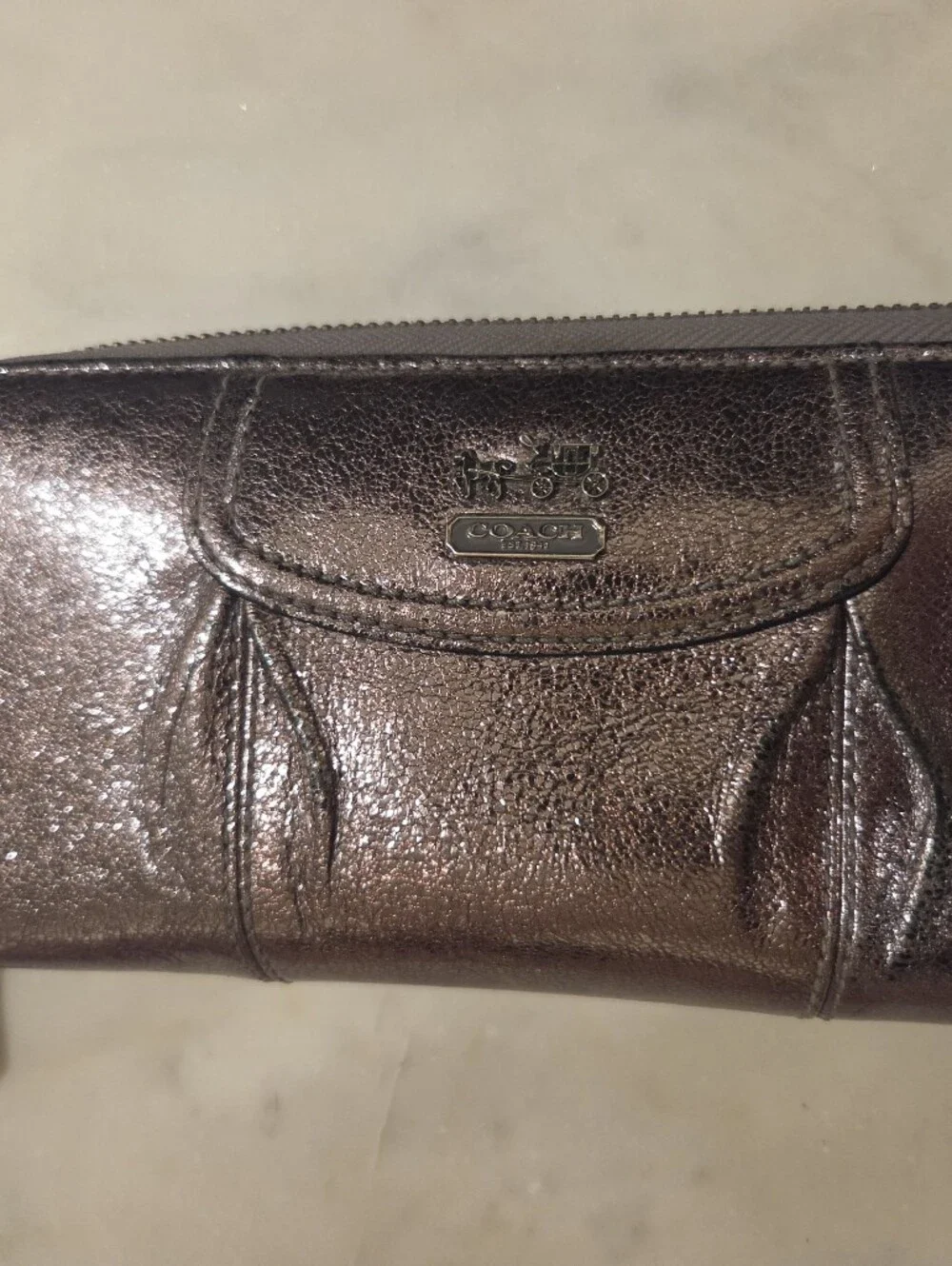Coach Madison Gunmetal Pewter Metallic Accordion Zip Arpund Wallet